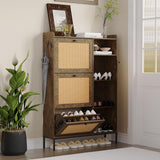 Garvee 3 Tier Shoe Cabinet with Natural Rattan Flip Drawers for Entryway, Adjustable Shelves, Brown Burl - Brown Burl