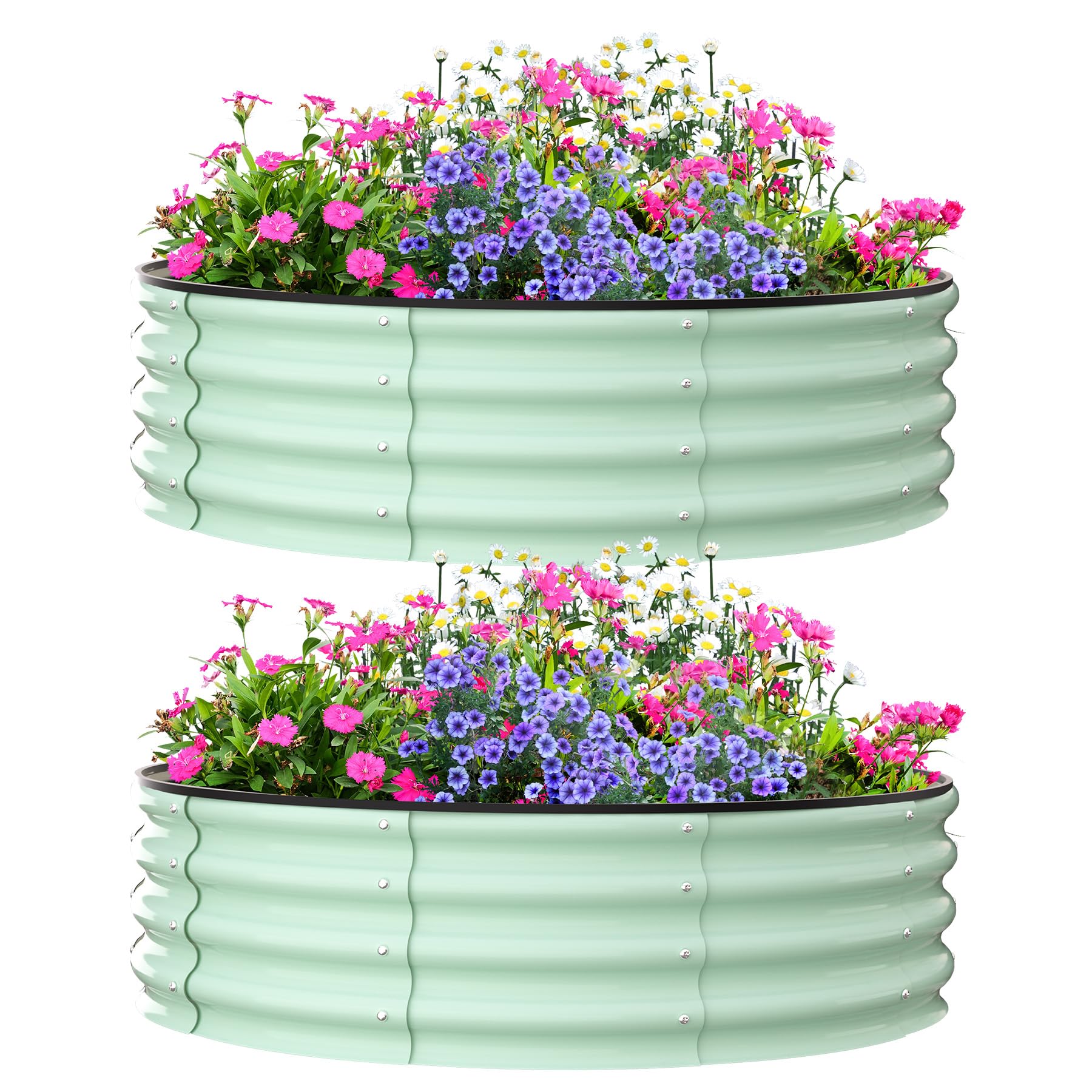 Green raised garden beds, 4ft diameter, durable steel, ideal for outdoor planting.
