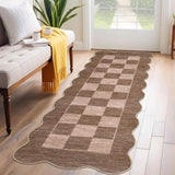 Garvee Washable Runner Rugs for Hallway 2x6 Scalloped Rug Modern Checkered Floor Cover Non Slip Backing - Brown