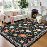 Garvee Floral 5x7 Black Rugs Non-Slip Machine Washable Area Rugs for Living Room Girls Bedroom Dining Room Office Playroom Decor - Black
