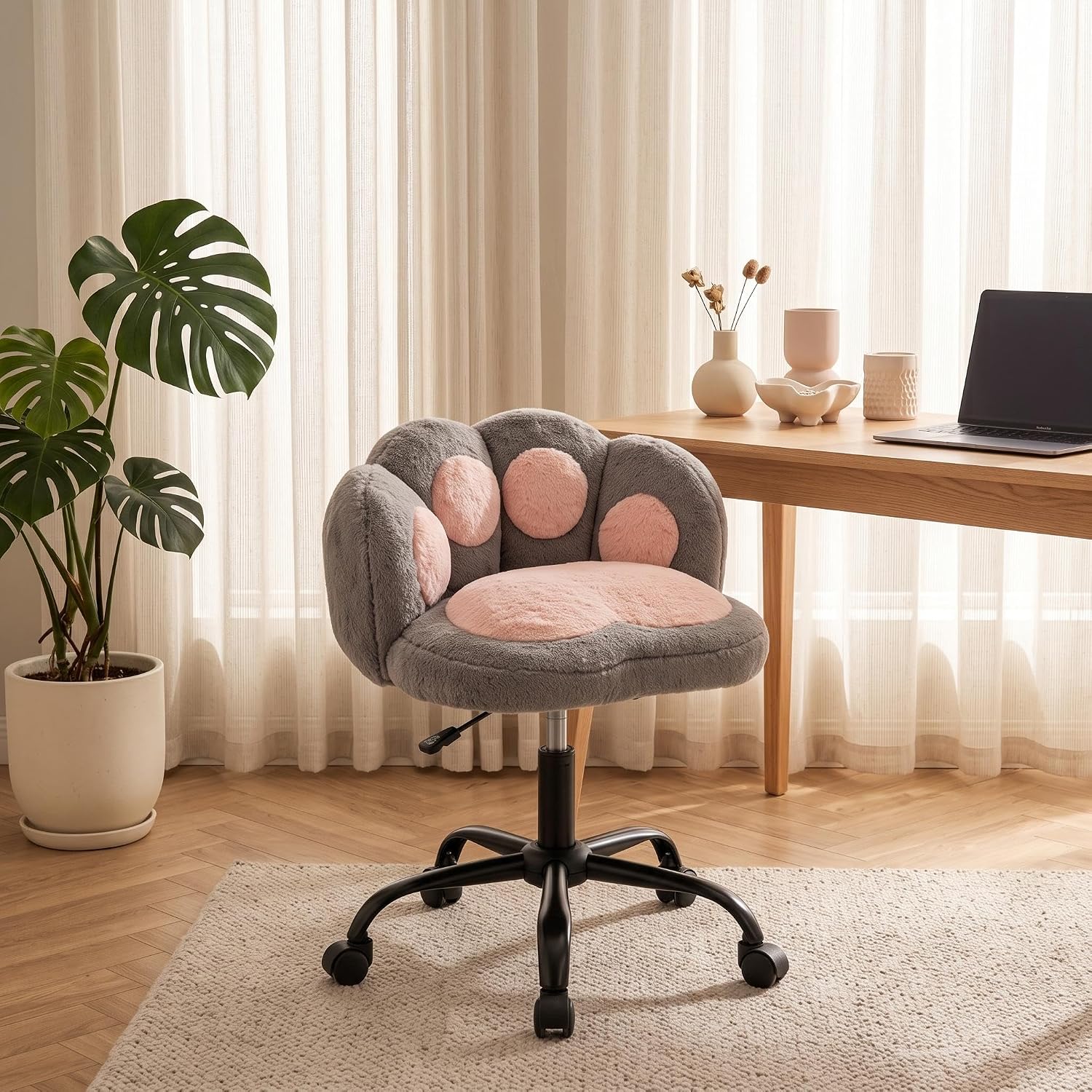 Garvee Cute Cat Paw Vanity Chair – Armless Rolling Desk Chair, Adjustable Height, Swivel Stuffed Fabric Seat, Comfortable Lumbar Support, Kids Room or Bedroom, Color: Gray + Pink