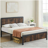 Garvee Queen Size Bed Frame Wave Wood Headboard Footboard + 13.8 Inch Storage + Safe Rounded Corners + Steel Slat Support + No Box Spring Needed + Rustic Brown - Brown