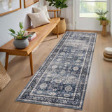 Garvee 2' x 6' Denim / Multi Vintage Oriental Floral Runner Rug, Washable Polyester Non-Slip Low-Pile Carpet for Hallway, Kitchen and Entryway - Denim / Multi