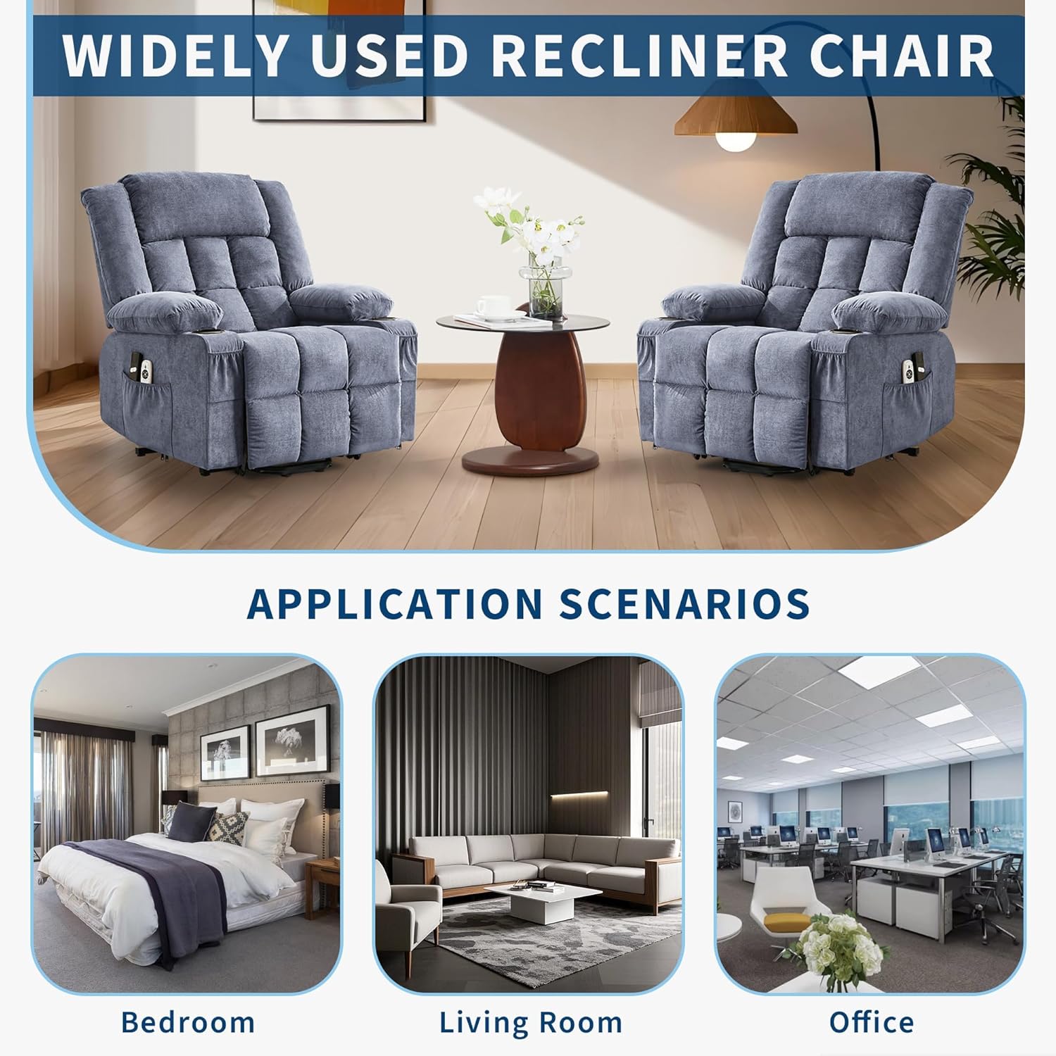 Garvee Oversized Power Lift Recliner Chair with Massage and Heat for Elderly Adults, Overstuffed Wide Lazy Boy Single Sofa Seat with Side Pockets, Cup Holders, USB Charging, Remote Control, Blue