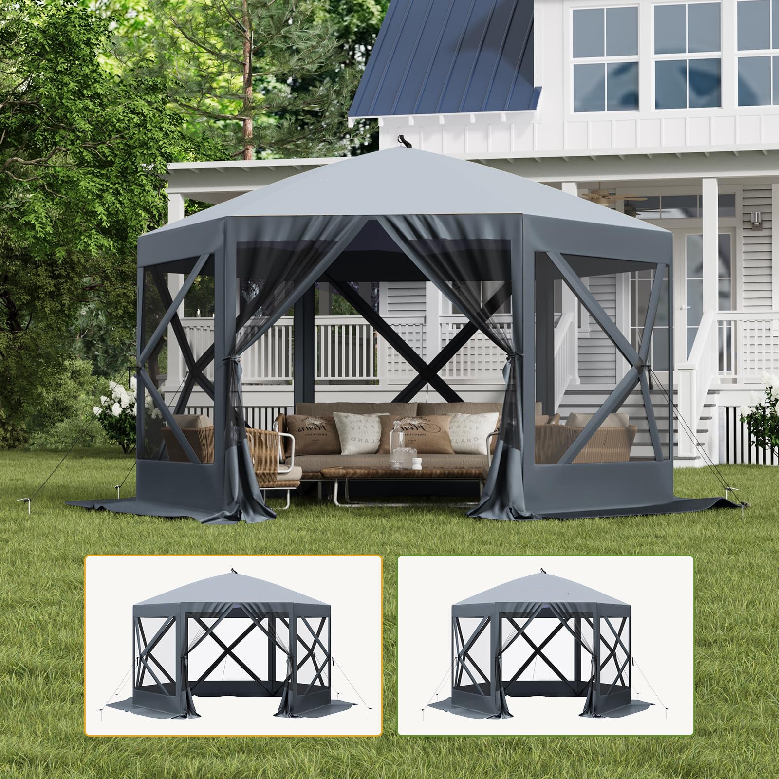 Garvee Pop Up Gazebo,10 X 10 Ft Portable Outdoor Camping Pop Up Canopy Screen Tent with Mosquito Netting Gazebo,Waterproof 6 Sidewalls,Ground Stakes,Carry Bag for Lawn, Garden, Backyard(Gray)