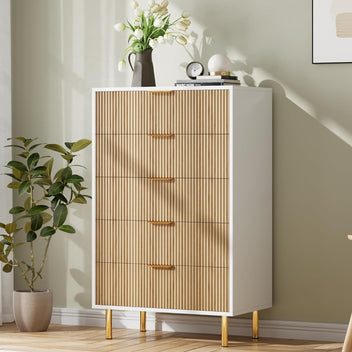 Garvee 5 Drawers Dresser for Bedroom, Fluted Dresser Chest of Drawers with Handle, Wood Modern Dressers for Closet, Bedroom Furniture Storage Organizer for Living Room, Hallway