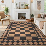 Garvee 9' x 12' Large Easy Jute Indoor Outdoor Area Rug, Washable Non-Slip Low-Pile Checkerboard Rug for Living Room, Dining Room & Patio, Black & Brown - Black & Brown