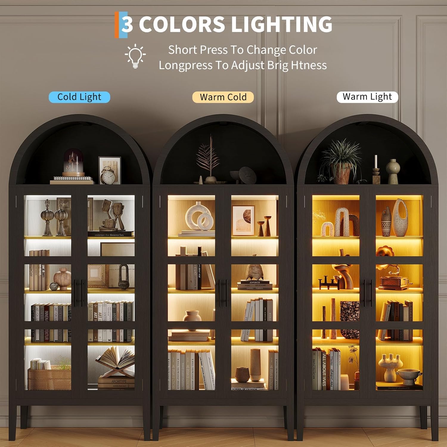 Garvee 71 in Arched Cabinet with Glass Doors, 5-Tier Modern Arched Bookcase with 3-Color LED Lights & Adjustable Shelves, Freestanding Accent Display Cabinet for Living Room, Kitchen, Black