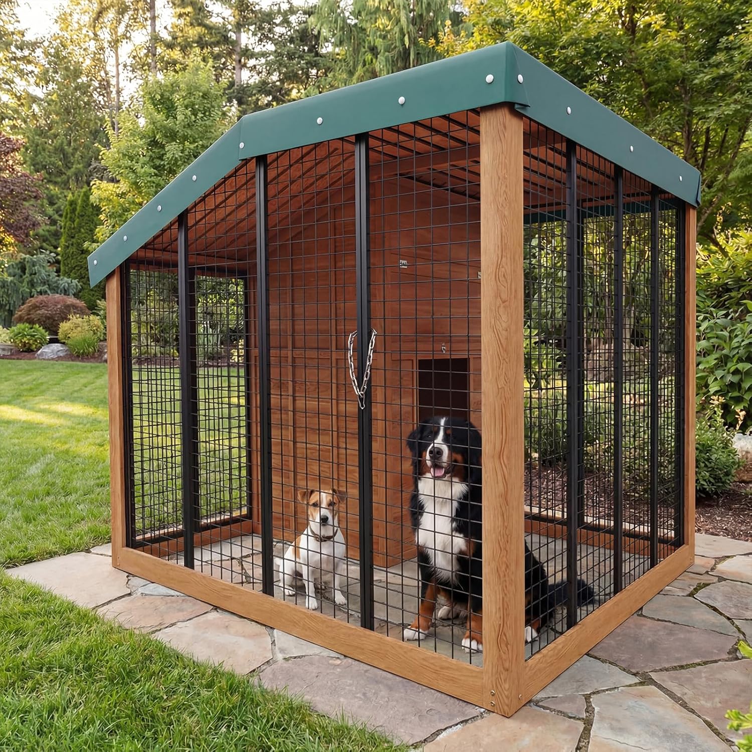 Garvee Large Outdoor Cedar Wood Dog House, Weatherproof Dog Kennel with Roof, Rear Door, Secure Lock & Built-in Storage Outdoor Safe Pet Shelter for Medium to Large Dogs, Wood