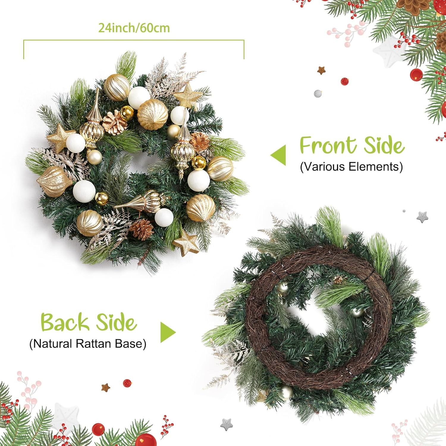 Garvee Christmas Wreath for Front Door, 24 Inch Outdoor Christmas Wreath, Battery Operated Xmas Wreath with Gold White Ball Ornaments Pine Cones and 20 LED Lights for Home Holiday Decor