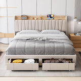 Garvee King Size Bed Frame with Storage Headboard and Charging Station, Upholstered Platform Bed Frame with Drawer, Mattress Foundation with Solid Wooden Slats Support, No Box Spring Needed, Beige - Beige