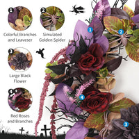 Garvee 18 Inch Halloween Wreath, Halloween Garland with Artificial Roses & Spiders, Indoor Outdoor Holiday Accent Decoration for Front Door Porch Wall Home Party Window, Red & Purple