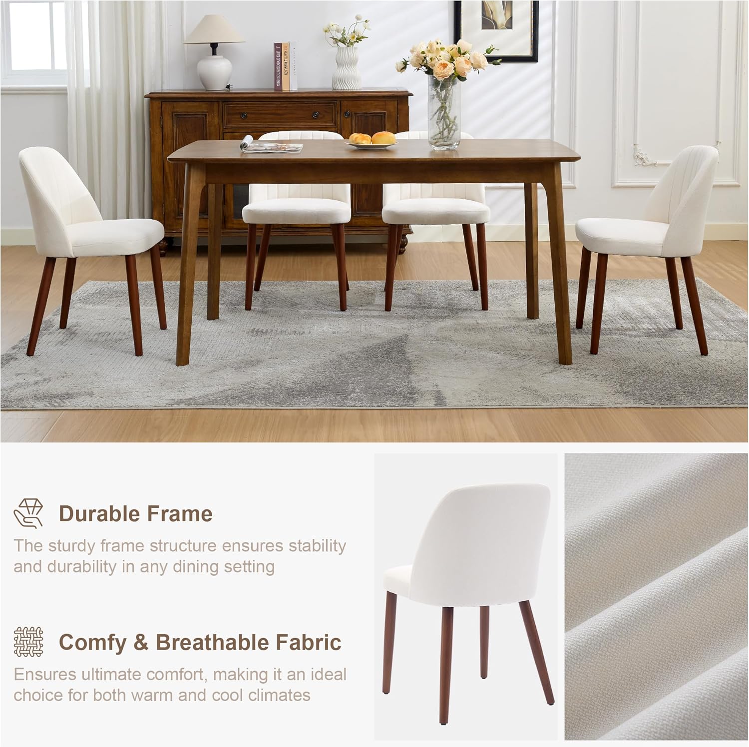 Garvee Set of 4 Mid-Century Modern Fabric Upholstered Dining Chairs with Padded and Solid Wood Legs, Beige