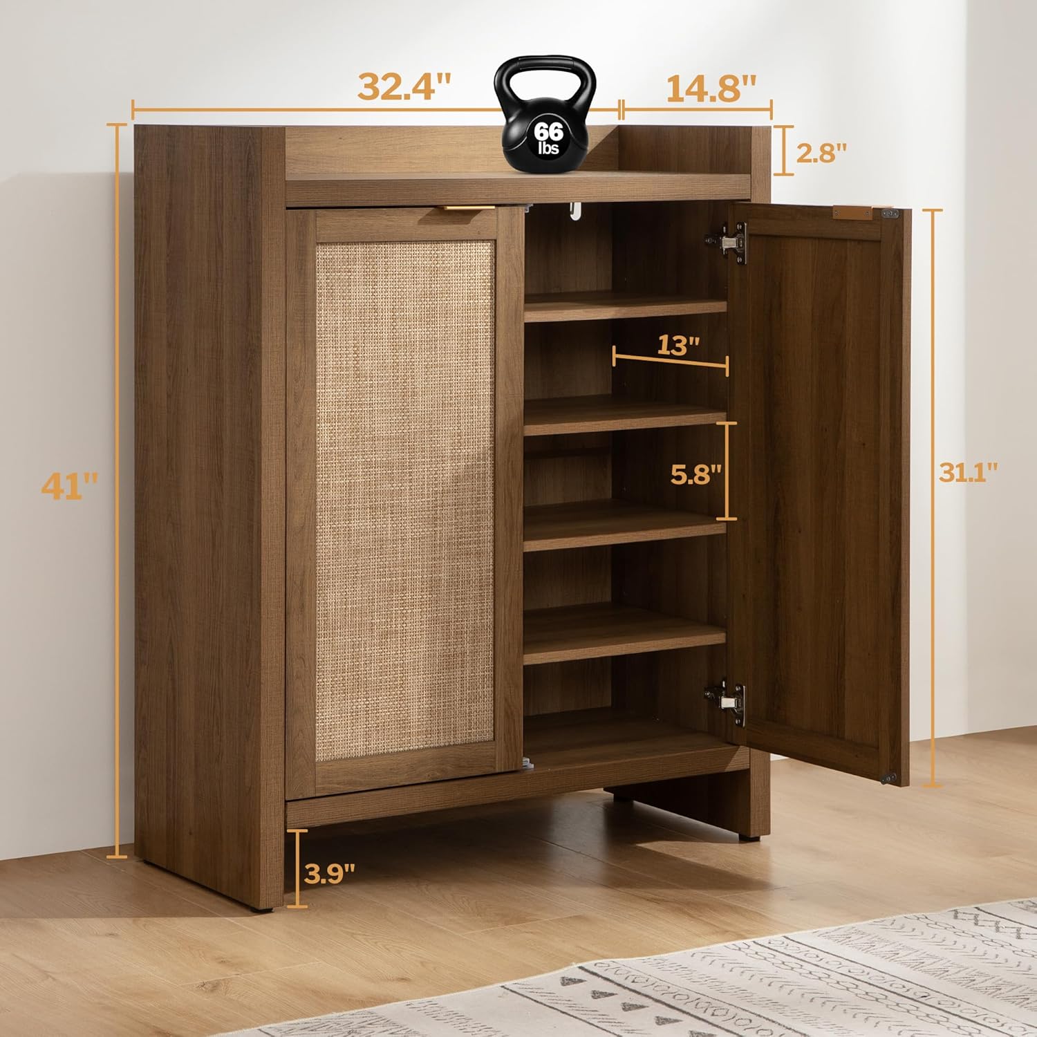 Garvee Boho 32" Rattan Shoe Storage Cabinet with 2 Doors and Adjustable Shelves for Entryway, Hallway, Living Room and Bedroom, Dark Oak