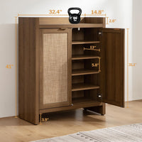 Garvee Boho 32" Rattan Shoe Storage Cabinet with 2 Doors and Adjustable Shelves for Entryway, Hallway, Living Room and Bedroom, Dark Oak