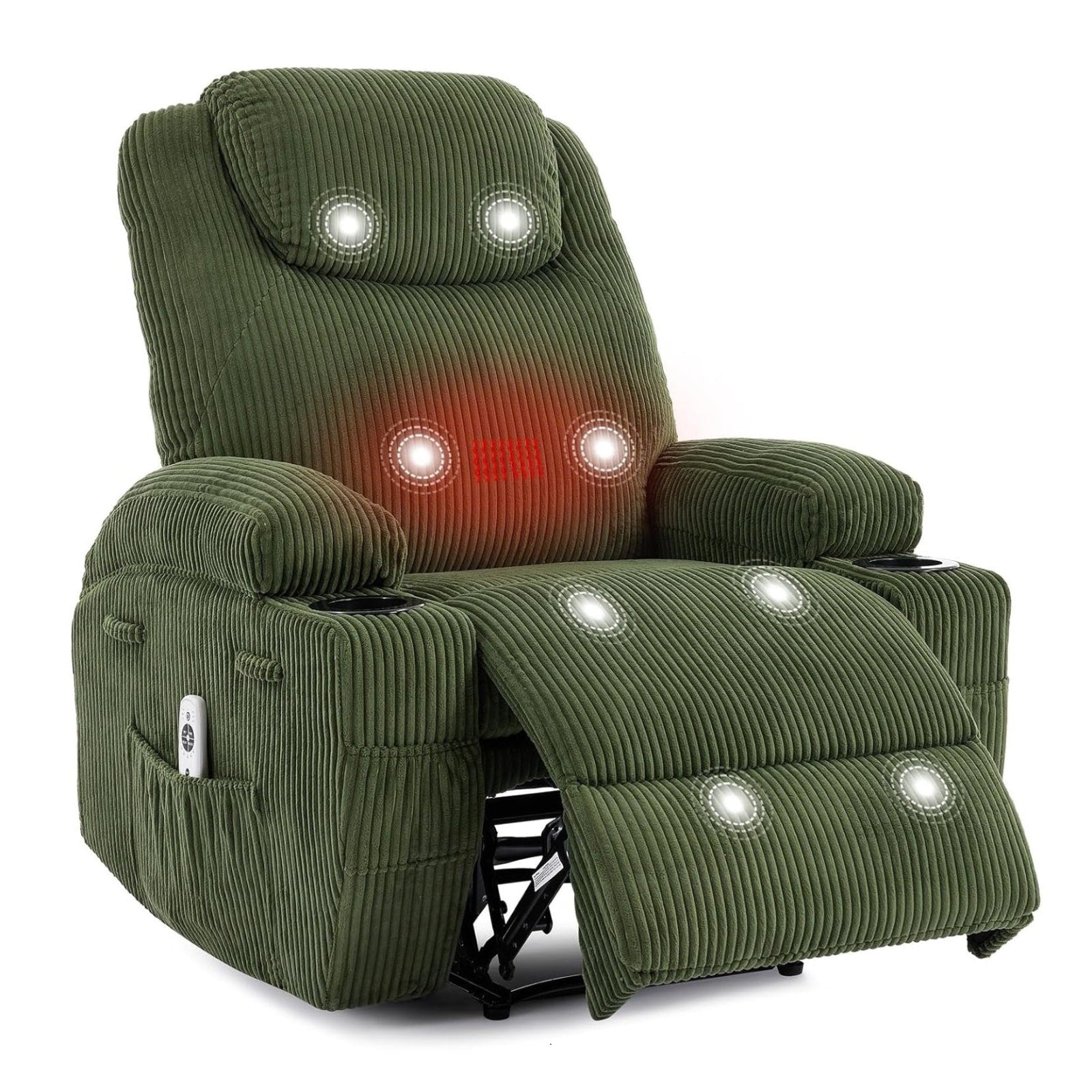 Garvee Manual Recliner Chair with Massage and Heat, Ultra-Comfortable 135° Adjustable Reclining Sofa for Living Room & Bedroom, with Cup Holders & Pockets, Corduroy Green