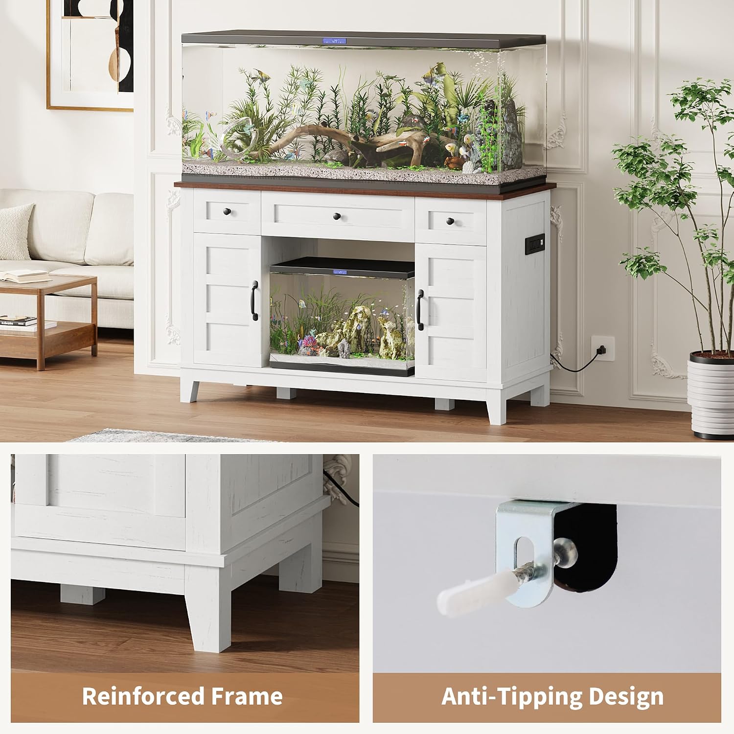 Garvee Farmhouse Aquarium Stand for 55-75 Gallon Tanks – Heavy Duty 1400LBS Cabinet with Double Doors, Drawers, Adjustable Storage, Built-in Power Outlet, Brownish White