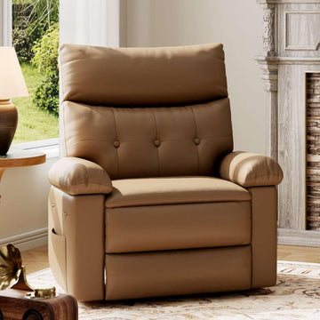 Garvee PU Leather Manual Recliner Chair with Side Pocket, Single Sofa Seat with 1.5X Sponge Comfort Arm and Back for Adults Living Room, Bedroom, Tan