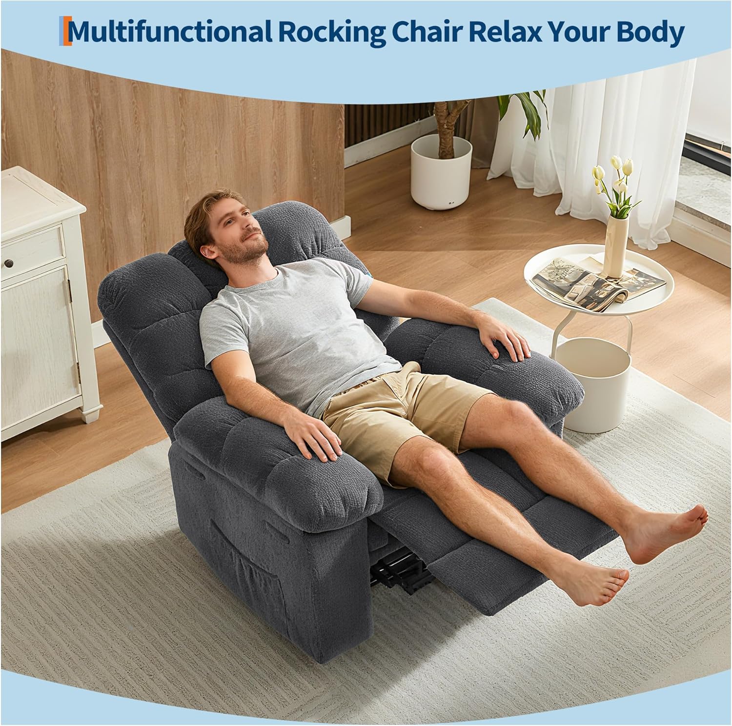 Garvee Manual Recliner Chair for Living Room, Overstuffed Fabric Reclining Sofa with Side Pockets, Ergonomic Upholstered Lazy Chair with Q235 Steel Frame for Adults (Grey)