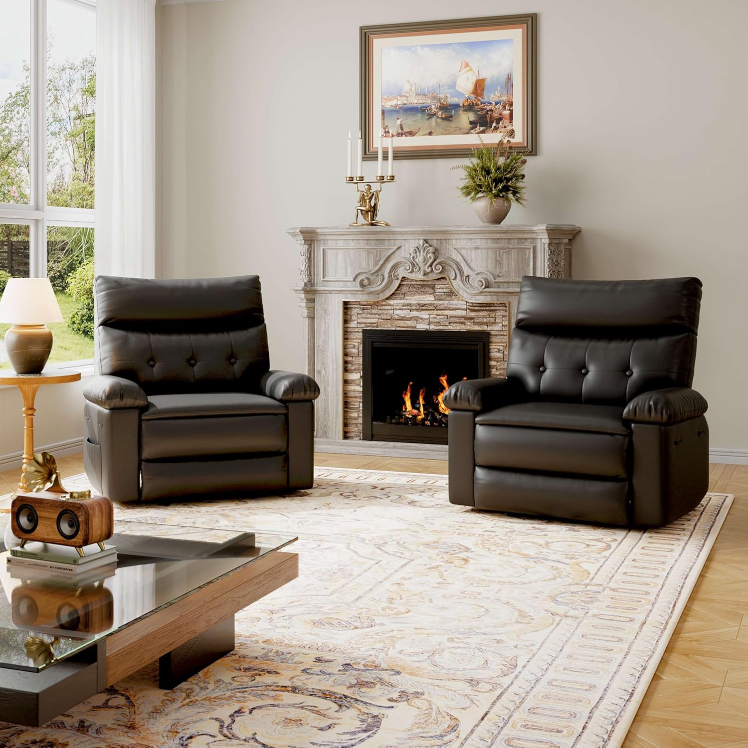 Garvee Recliner Chair for Adults, PU Leather Manual Recliner with Side Pocket, Lazy Chair with 1.5X Sponge Comfort Arm and Back for Living Room, Bedroom, Black