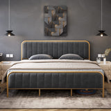 Garvee King Size Bed Frame with Gold Metal Frame, Velvet Tufted Headboard, Wood Slats, Noise-Free Design, 10.2” Under Bed Storage, Easy Assembly, Grey - Gray
