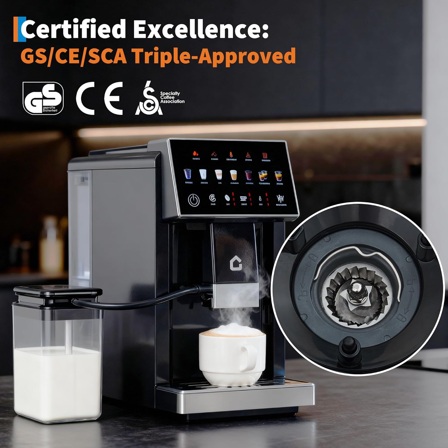 GARVEE 3rd-Gen Espresso Coffee Maker with Milk Frother - Removable Brewer/Grinder, Adjustable Coarseness/Flavor, 3-Level Coffee/Milk Volume, Detachable Milk Tank for Home Baristas, Black Spray Paint