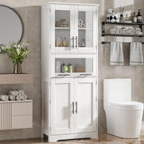 Garvee Modern Freestanding Bathroom Storage Cabinet with Double Glass Doors and Spacious Sliding Drawer, White - White