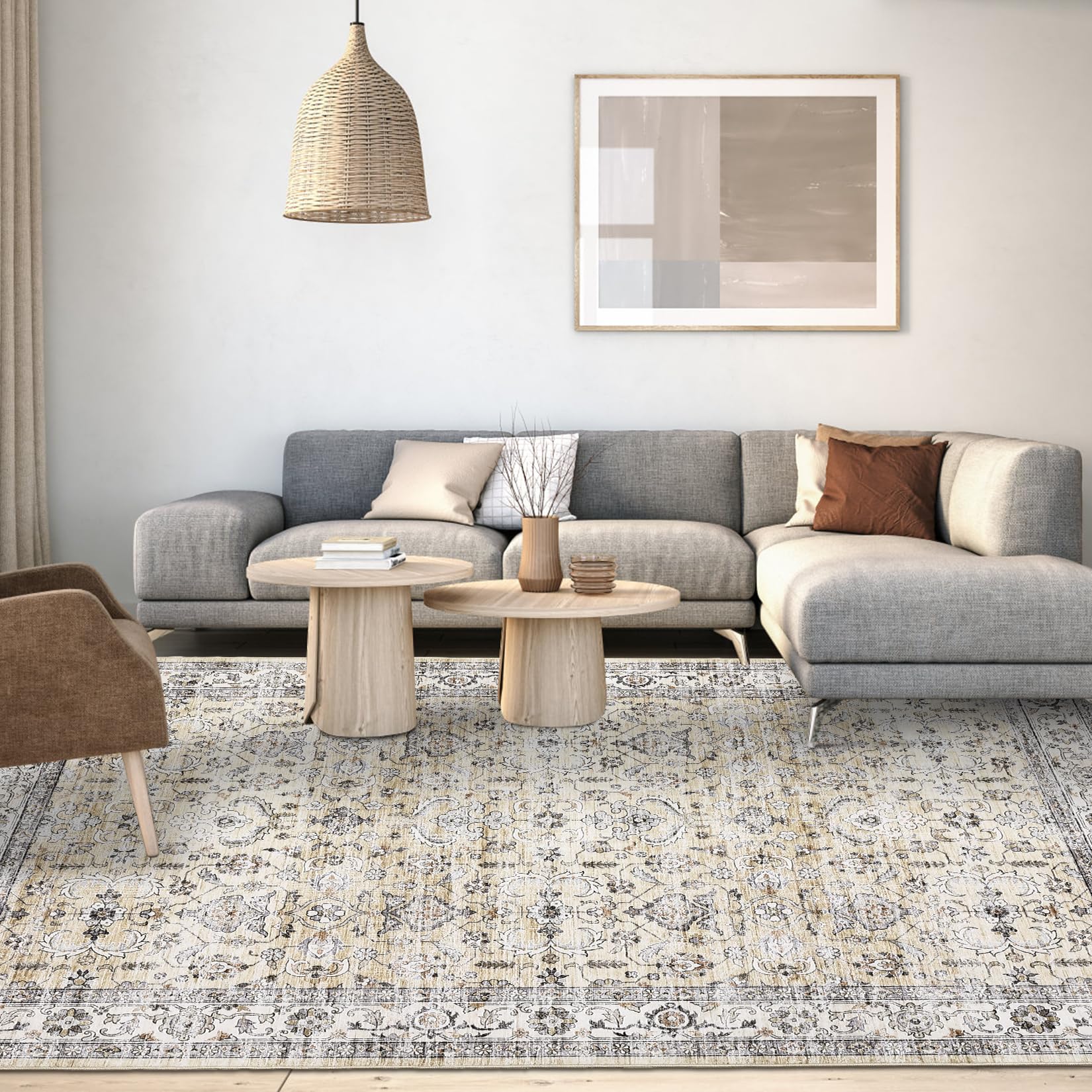 Garvee Camel Large Area Rug 10x13 Vintage Washable Area Rugs for Living Room Oriental Distressed Accent Rug Non-Slip Backing Soft Carpet Low Pile Non-Shedding Foldable Rug for Bedroom Office