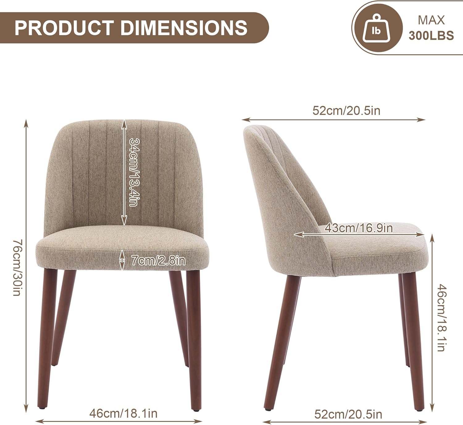 Garvee Set of 2 Mid-Century Modern Fabric Upholstered Dining Chairs with Padded and Solid Wood Legs, Camel