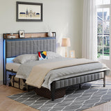 Garvee Bed Frame with Led Lights and Storage Headboard, Upholstered Platform Bed with Charging Station, Heavy Duty, No Box Spring Needed, Easy Assembly, Linen Grey, Queen Size - Gray