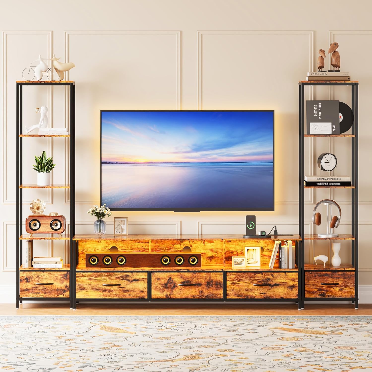Garvee TV Stand with Storage for TVs Up to 70", TV Entertainment Center with 2 Open 5-Tier Bookshelf, Modern LED TV Console Cabinet with 5 Fabric Drawers & Power Outlets, for Living Room Bedroom