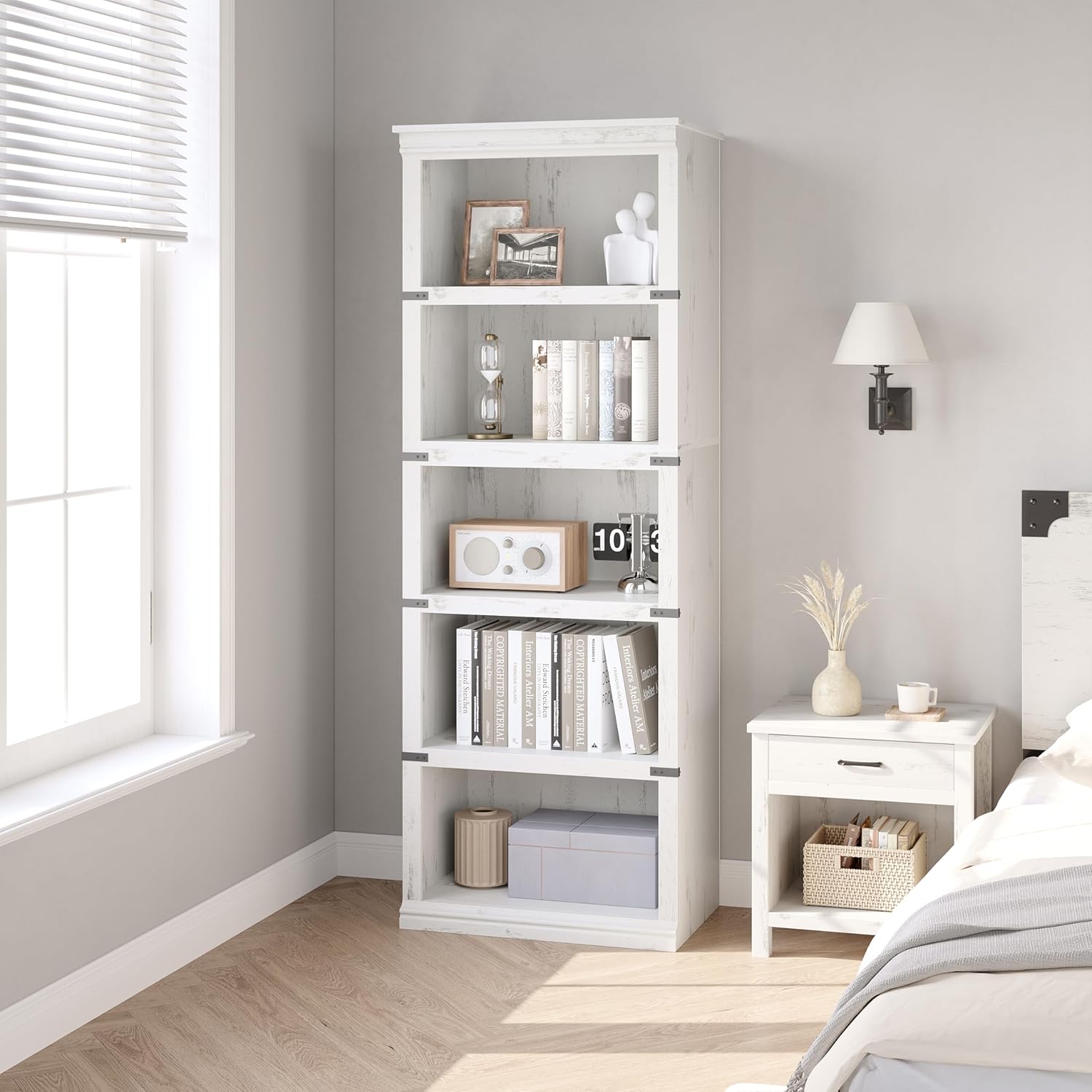 Garvee Farmhouse Bookcase 5 Tiers Tall Wooden 67.4" with Storage, Colonial Molding, MDF Boards, Iron Angle Design, Home Office, Living Room, White
