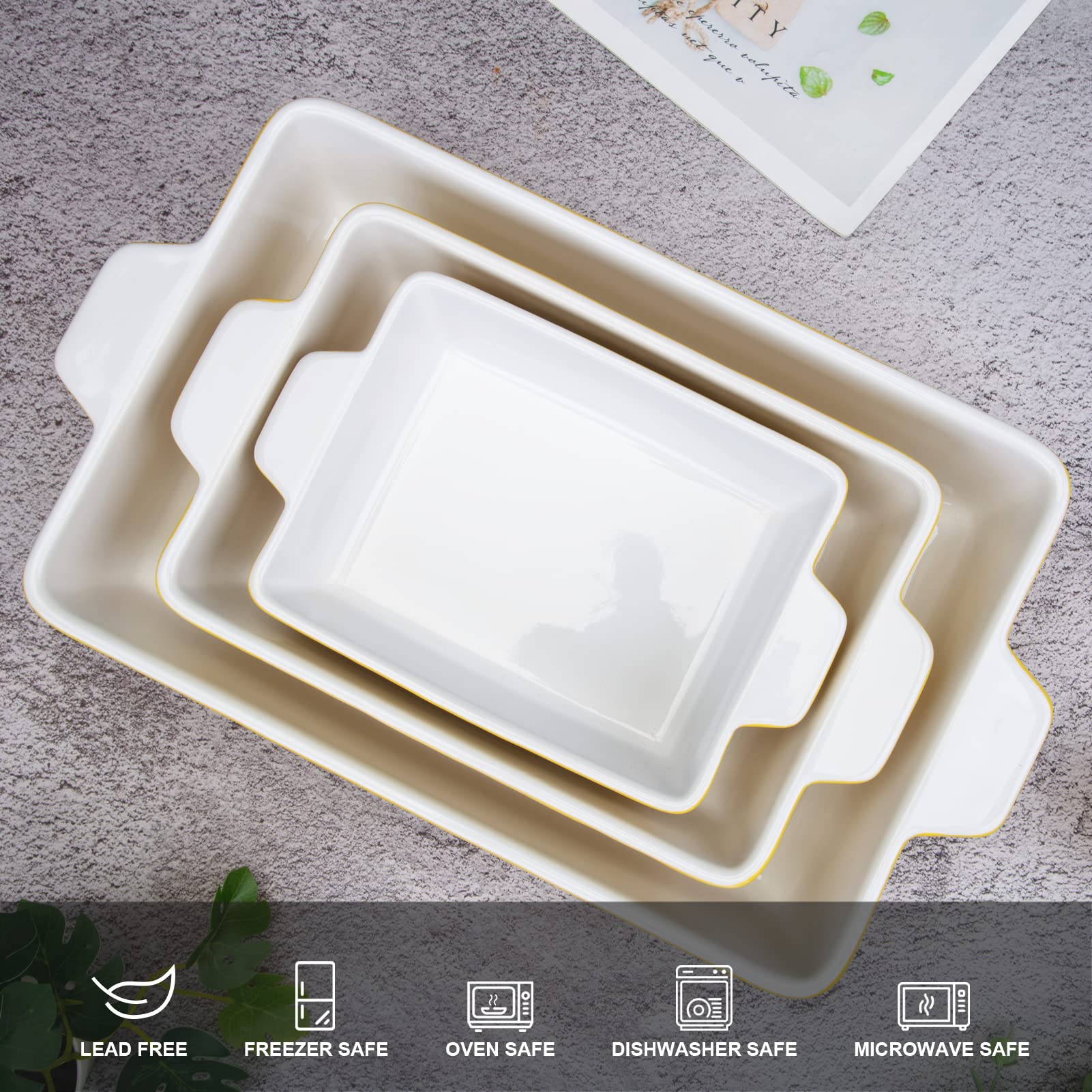 Garvee Ceramic Baking Dish Set of 3, Rectangular Casserole Dish for Oven with Handles, Deep Lasagna Baking Pans for Cooking, Kitchen, Cake Dinner, Banquet, Daily Use, Yellow