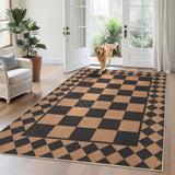 Garvee 5' x 7' Easy Jute Indoor Outdoor Area Rug, Washable Non-Slip Low-Pile Checkerboard Rug for Living Room, Bedroom, Office & Patio, Black & Brown - Black & Brown