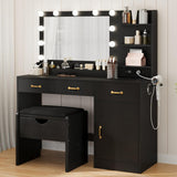 Garvee Vanity Set with Upholstered Storage Stool, Makeup Vanity Desk with Mirror and Lights, Power Outlet & 11 LED Bulbs, Dressing Table with 3 Drawers & Storage Shelves, Black - Black