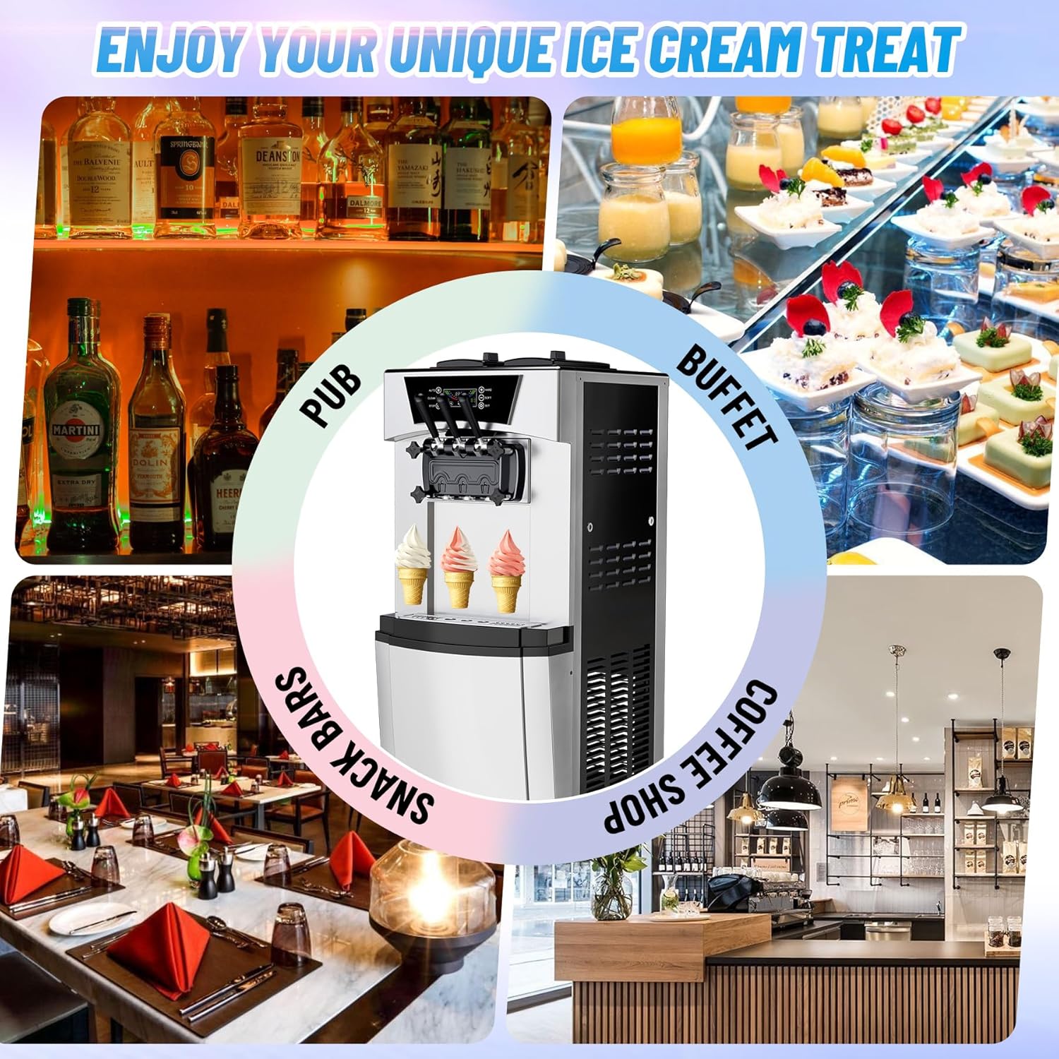 Garvee 2200W Commercial Soft Serve Ice Cream Machine - 8Gal/H High Output, 3-Flavor Mix & Auto-Clean for Cafes, Food Trucks, Snack Bars (LCD Display, 65dB Quiet)