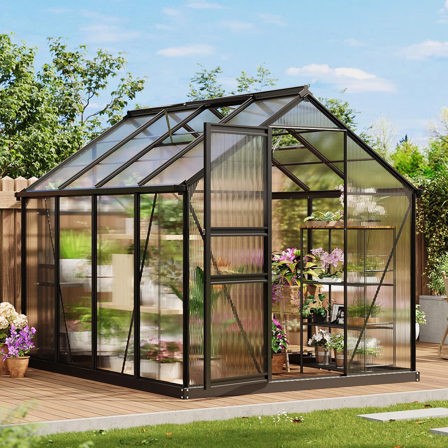 Garvee 8×6FT Aluminum Frame Greenhouse with Polycarbonate Panels, Lockable Door, Adjustable Roof Vent, Side Gutter, Backyard Garden Use