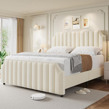 Garvee Queen Size Platform Bed Frame with 50.2" Headboard, Velvet Upholstered Bed Frame Queen with Vertical Channel Tufted Headboard & Footboard, Nailhead Trim, No Box Spring Needed, Cream