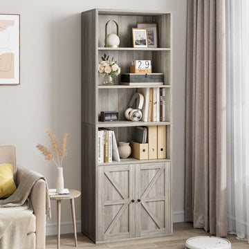 Garvee Industrial Bookshelf Bookcase with Doors & 11.8in Depth Display Storage Shelves, 71.4in Tall Farmhouse Bookcases Wooden 6 Shelf Bookshelvels for Bedroom, Living Room, Home Office, Gray