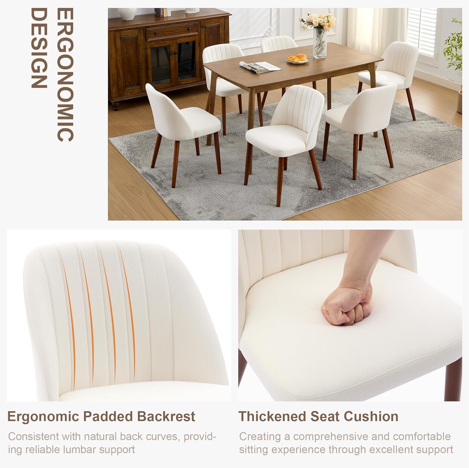 Garvee Set of 8 Mid-Century Modern Fabric Upholstered Dining Chairs with Padded and Solid Wood Legs, Beige
