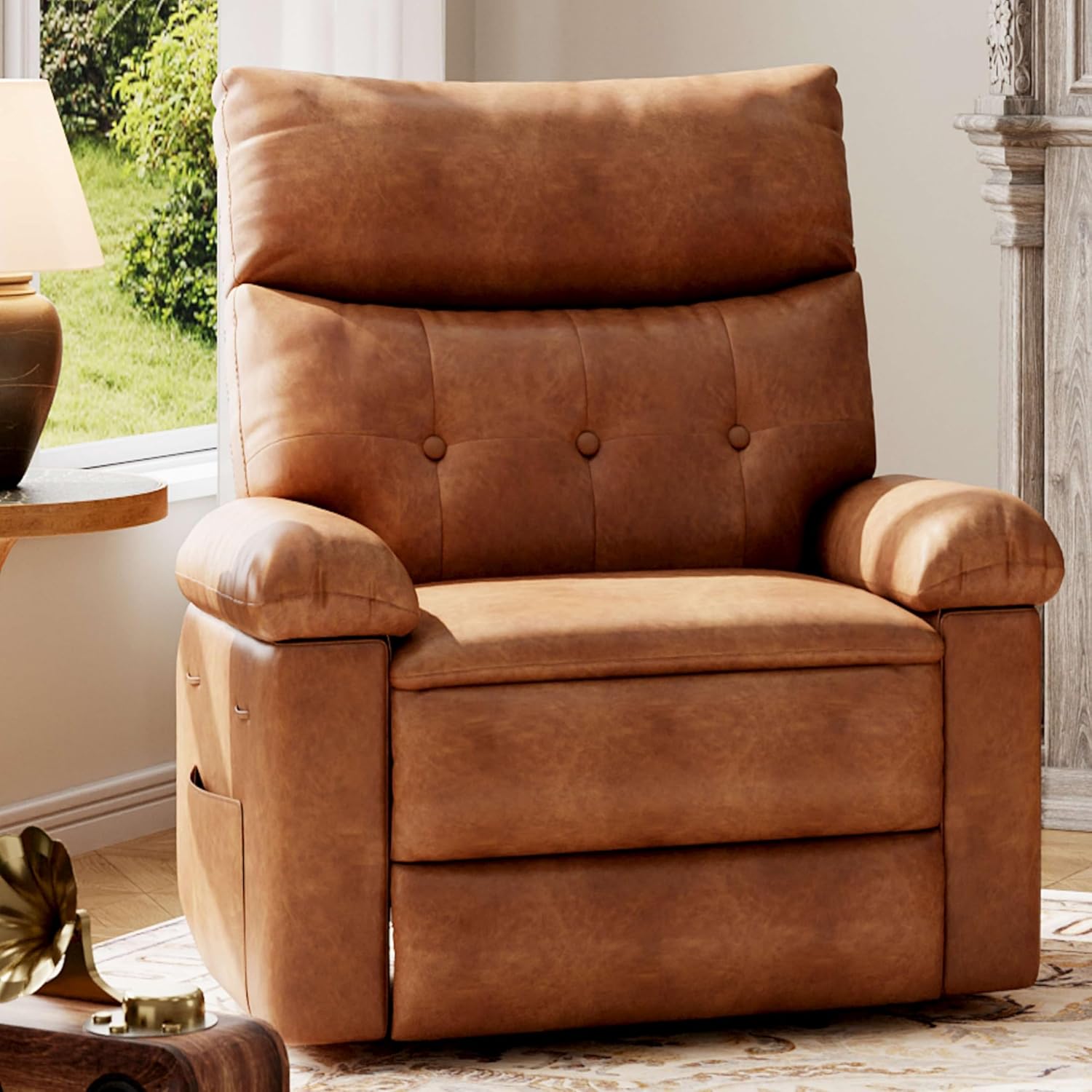 Garvee Recliner Chair for Adults, PU Leather Manual Recliner with Side Pocket, Lazy Chair with 1.5X Sponge Comfort Arm and Back for Living Room, Bedroom, Brown