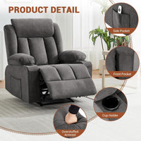 Garvee Recliner Chair 24" Seat Width, Manual Reclining Sofa with Massage and Heat, Comfy Overstuffed Rocking Chair with Side Pockets, Front Pockets and Cup Holder for Living Room, Gray