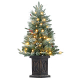 Garvee 3ft Christmas Tree Pre-Lit Artificial Christmas Tree with Vintage Potted Base, Flocked Snow 70 Warm White LED Lights Red Berries, Festival Decoration Xmas Holiday Decor for Home, Entrances - Green Arc Potted Base / 1 Set