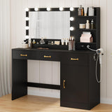 Garvee Modern Vanity Desk with Lighted Mirror, 11 Dimmable LED Bulbs, Charging Station, 3 Drawers, Cabinet, Open Shelves, Upholstered Storage Stool – Makeup Table for Bedroom, Black - Black