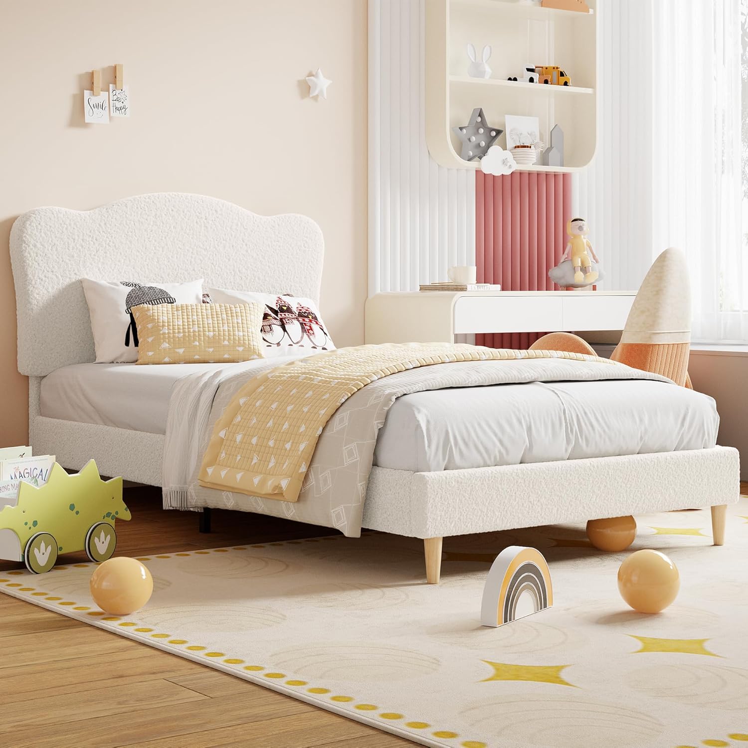 Garvee Upholstered Twin Size Bed Frame for Kids with Crown Headboard, Cute Velvet Twin Bed for Girls, Boys, Sturdy Platform Bed, No Box Spring Needed, Wooden Slats, Noise Free, White