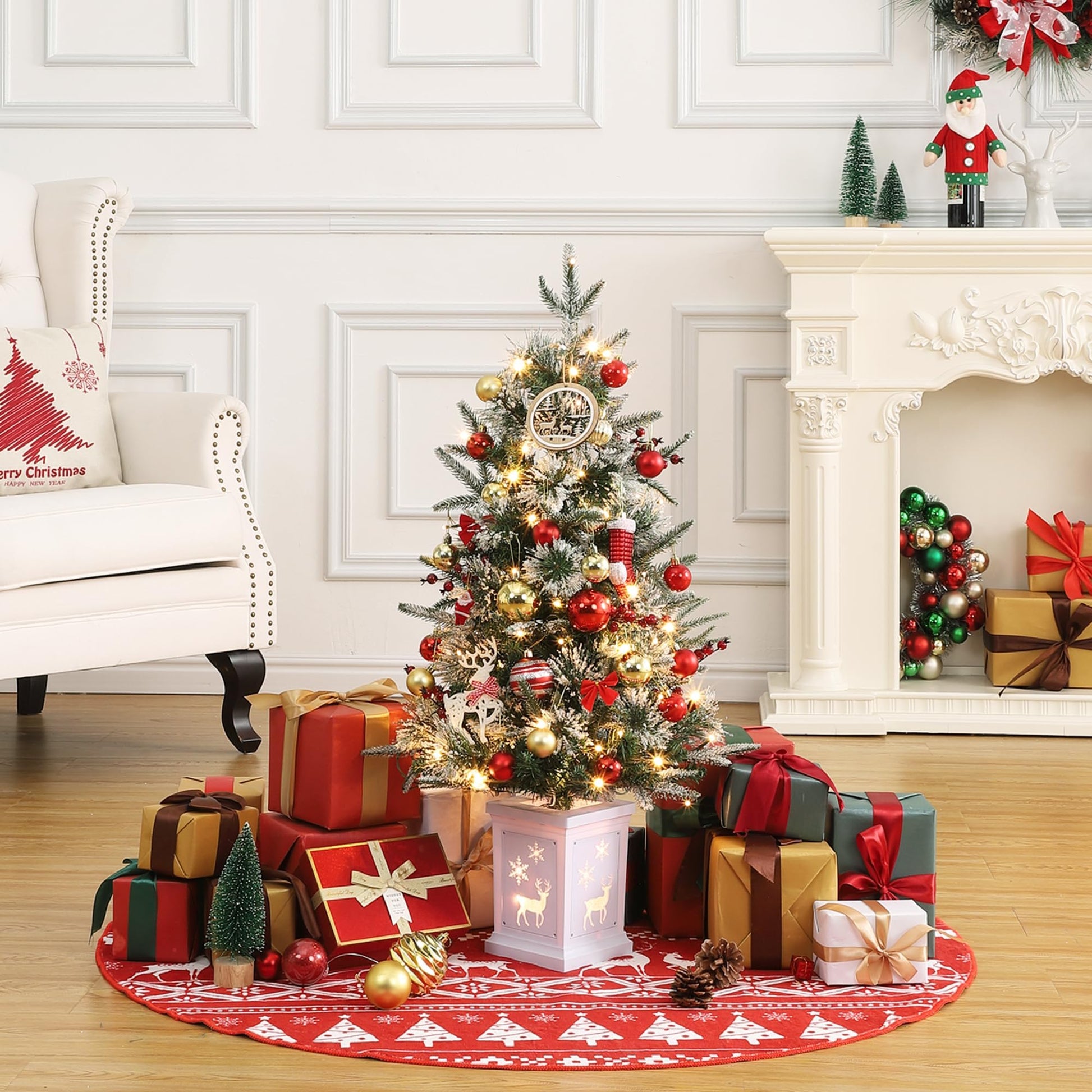 Garvee 4.5ft Christmas Tree, Pre-lit Christmas Tree with Lighting Elk Base and Red Berries, Artificial Christmas Tree with 108 LED Lights, Snow Flocked Branches Xmas Tree for Porch, Entryway