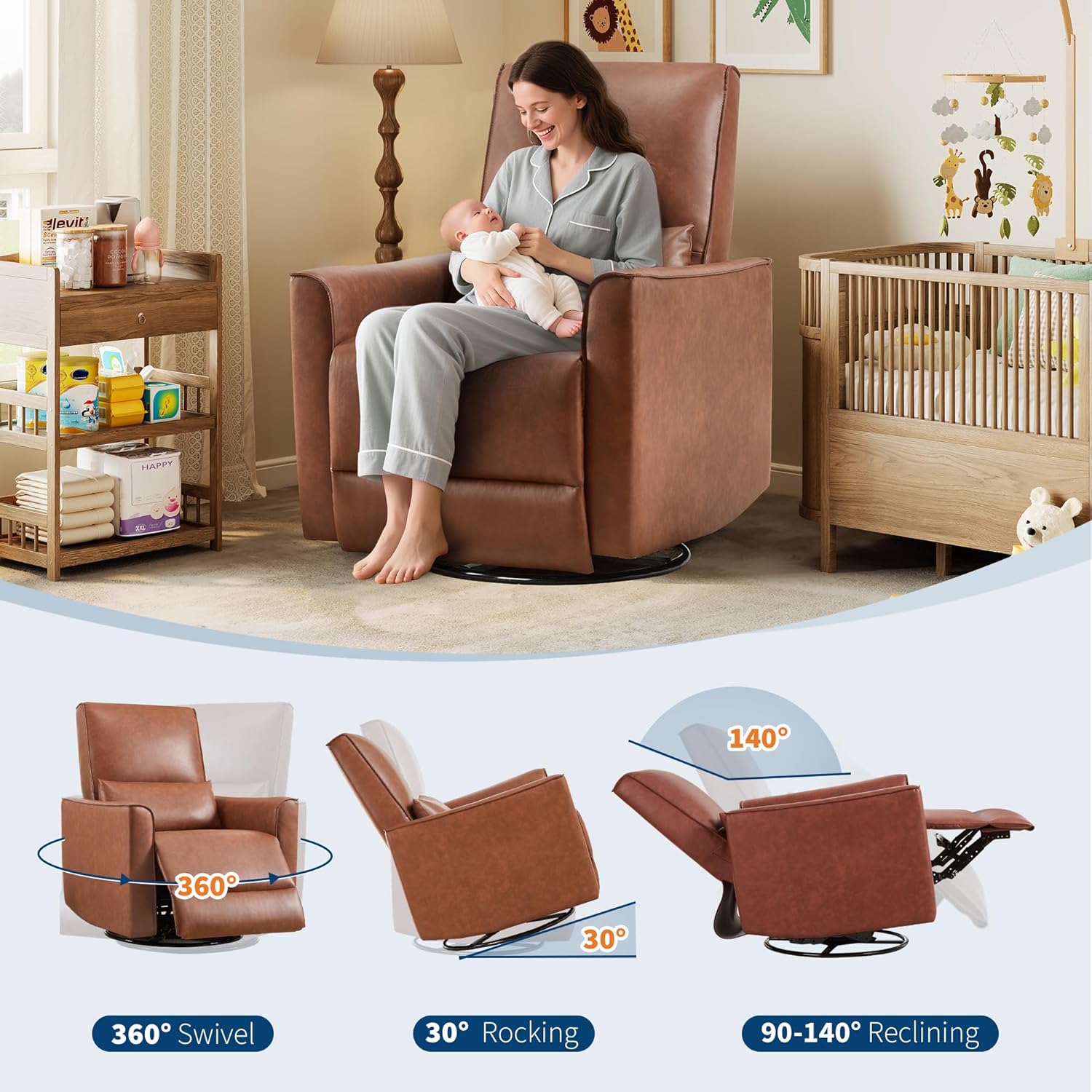 Garvee Swivel Rocking Manual Recliner Chair for Adults, Rocker Recliner Glider Deep Seat PU Leather Sofa Chair with High Backrest for Nursery, Living Room, Bedroom & Home Movie Theater, Brown