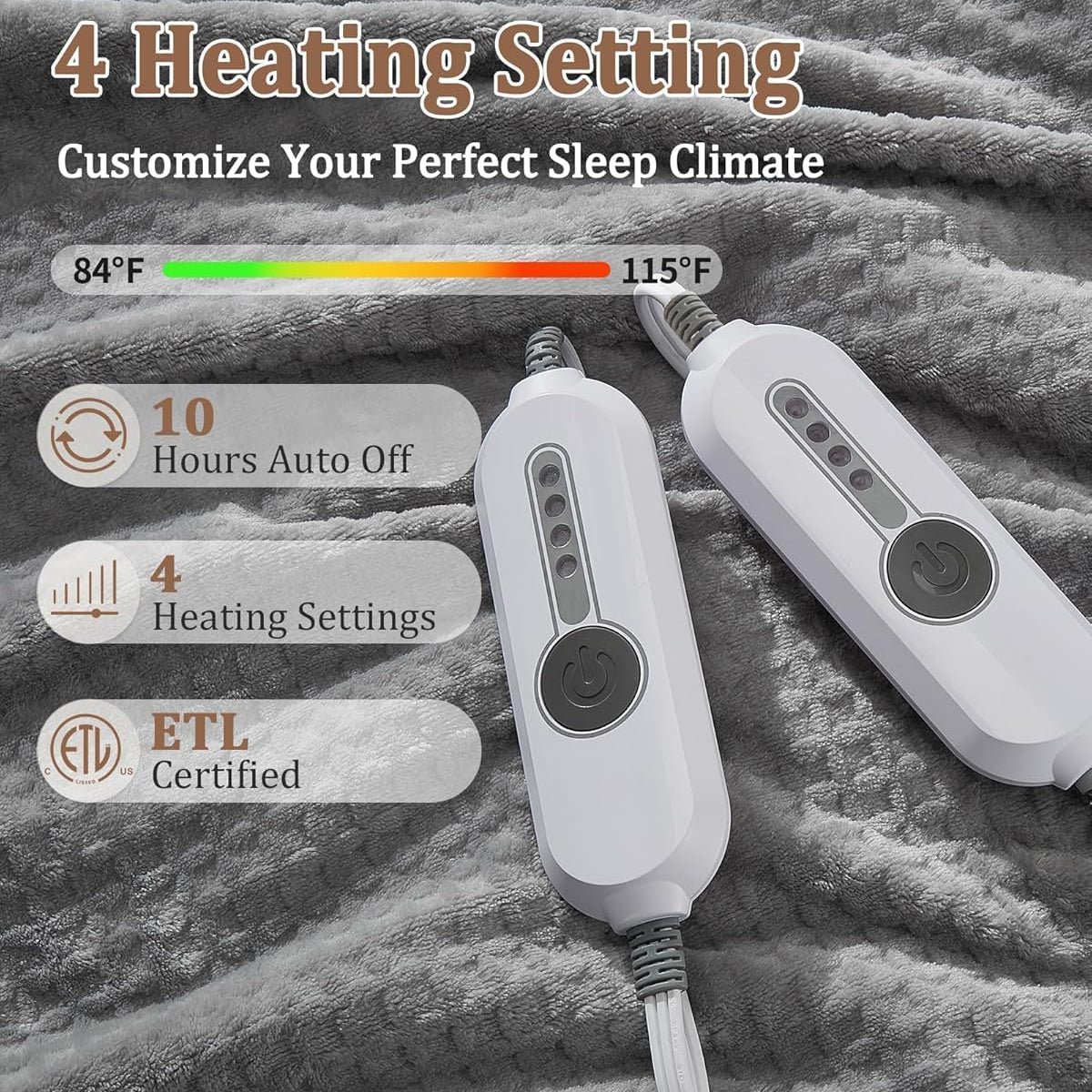 Garvee Electric Heated Blanket King Size with Dual Controllers, Fast Heating Throw with 4 Adjustable Heat Levels, Soft Waffle Embossed, Machine Washable, 90"x100" Grey