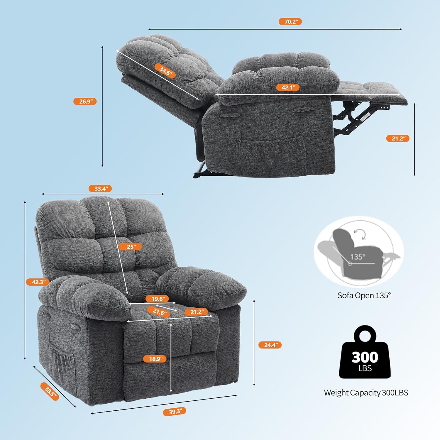 Garvee Manual Recliner Chair for Living Room, Overstuffed Fabric Reclining Sofa with Side Pockets, Ergonomic Upholstered Lazy Chair with Q235 Steel Frame for Adults (Grey)