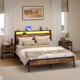 Garvee Queen Size Bed Frame with Headboard, Full Size Metal Platform Bed Frame with USB Charging Station & Power Outlets/Metal Slats Support/No Box Spring Needed - brown